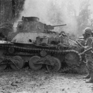 Troops of the 127TH Infantry, 32D Div., look over burning Japanese tanks knocked out by American tanks north of Lonoy, Leyte, P.I. on 22 December 1944.
