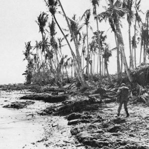 Soldiers from the 162D Infantry seeking cover as they move westward along the southern shore of Biak. Possibly taken between 28 May and 7 June 1944.