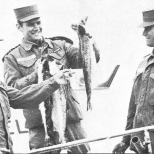 Sgt. Maj. Carl J. Gieg, Sp4c. James L. Stanfield and Sp5c. Dennis Hecht had a good day fishing for Pacific salmon. Sgt. Maj. Gieg was Div. Sgt. Maj. Sp4c. Stanfield was assigned to HHC, 132D Sig. Bn. and also contributed some of his photographs to Div. Public Information Office.