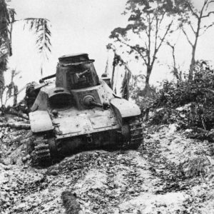 A disabled Japanese Type 95 'Ha-Go' tank. It is possible that this tank was disabled during the 15 June 19 44 attack or the 29 May 1944 attack on Biak.